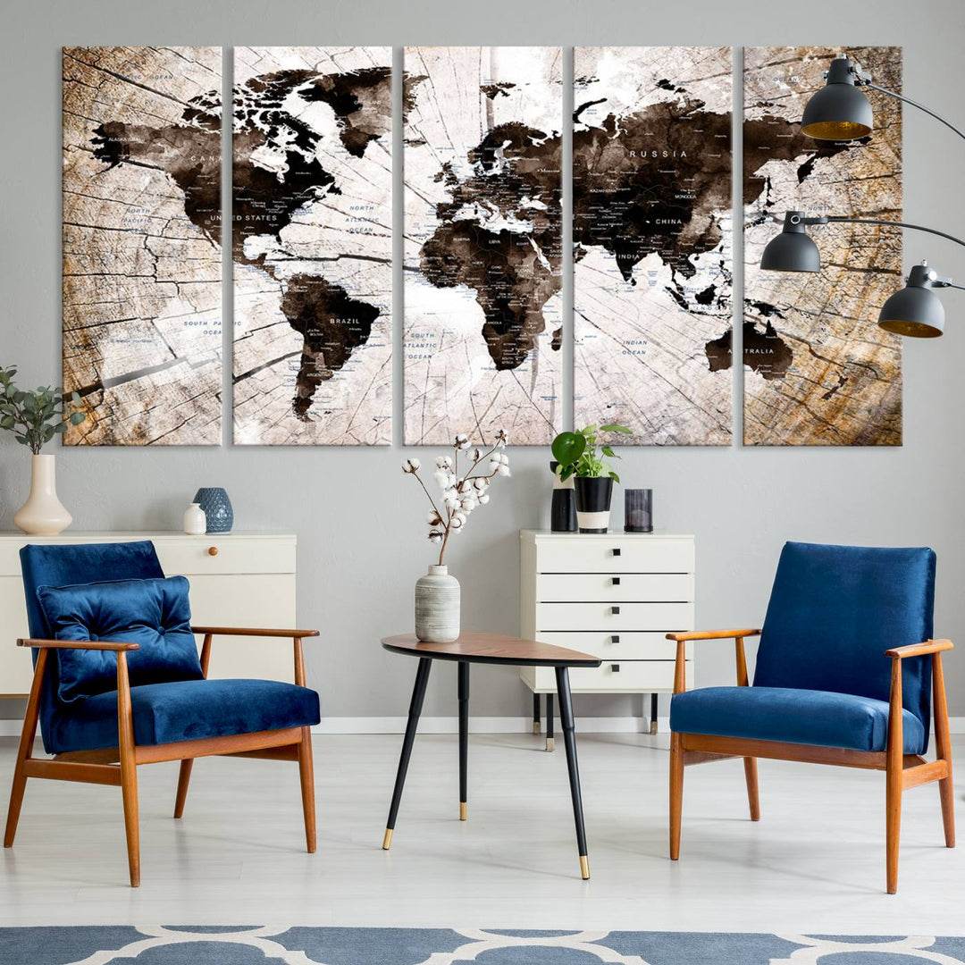 The Tree Ring World Map Canvas hangs above the table, blending into the nature-inspired setting.