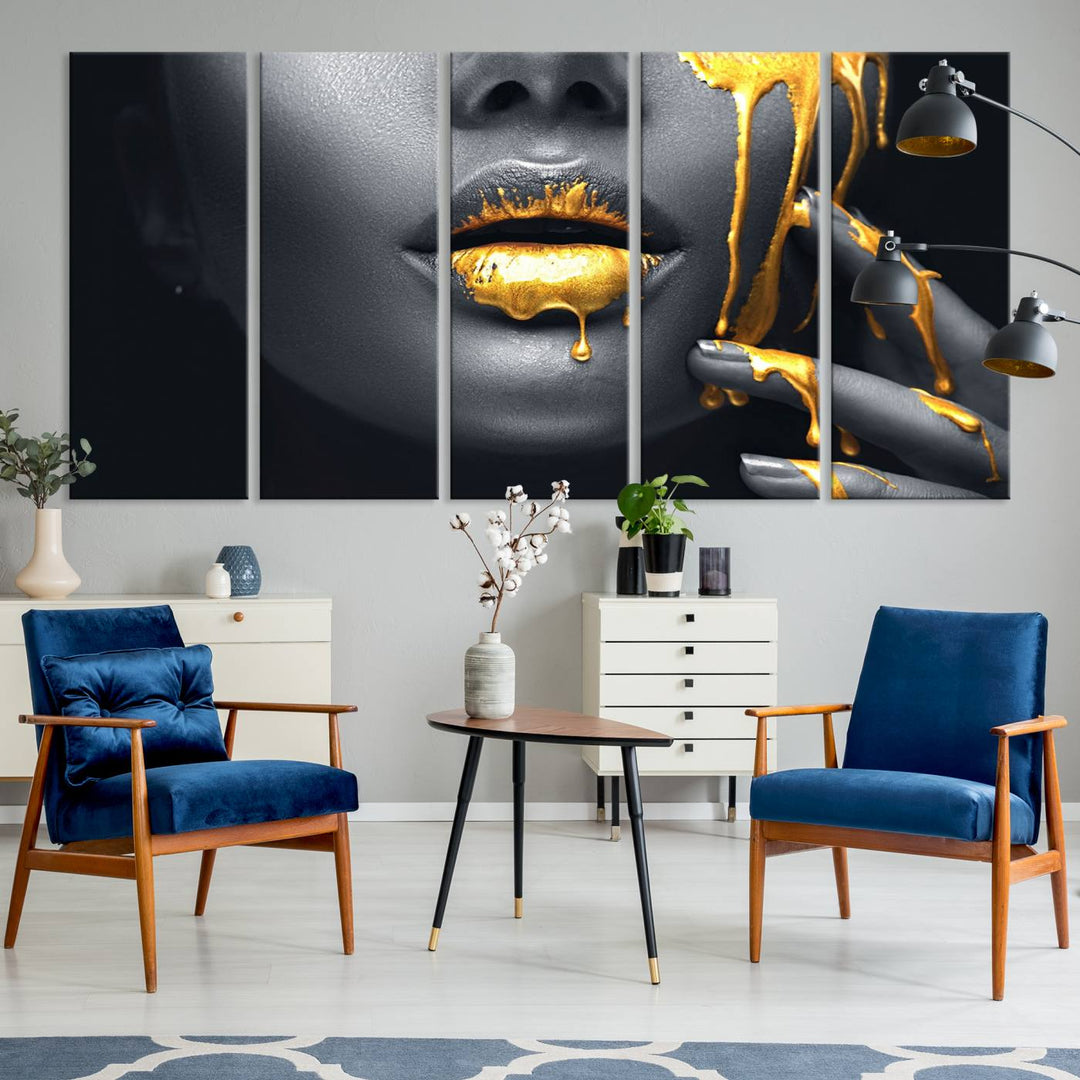 The Gold Lips and Black Woman Makeup Canvas Print features a chic monochrome face design, making it ideal for a modern dining room.