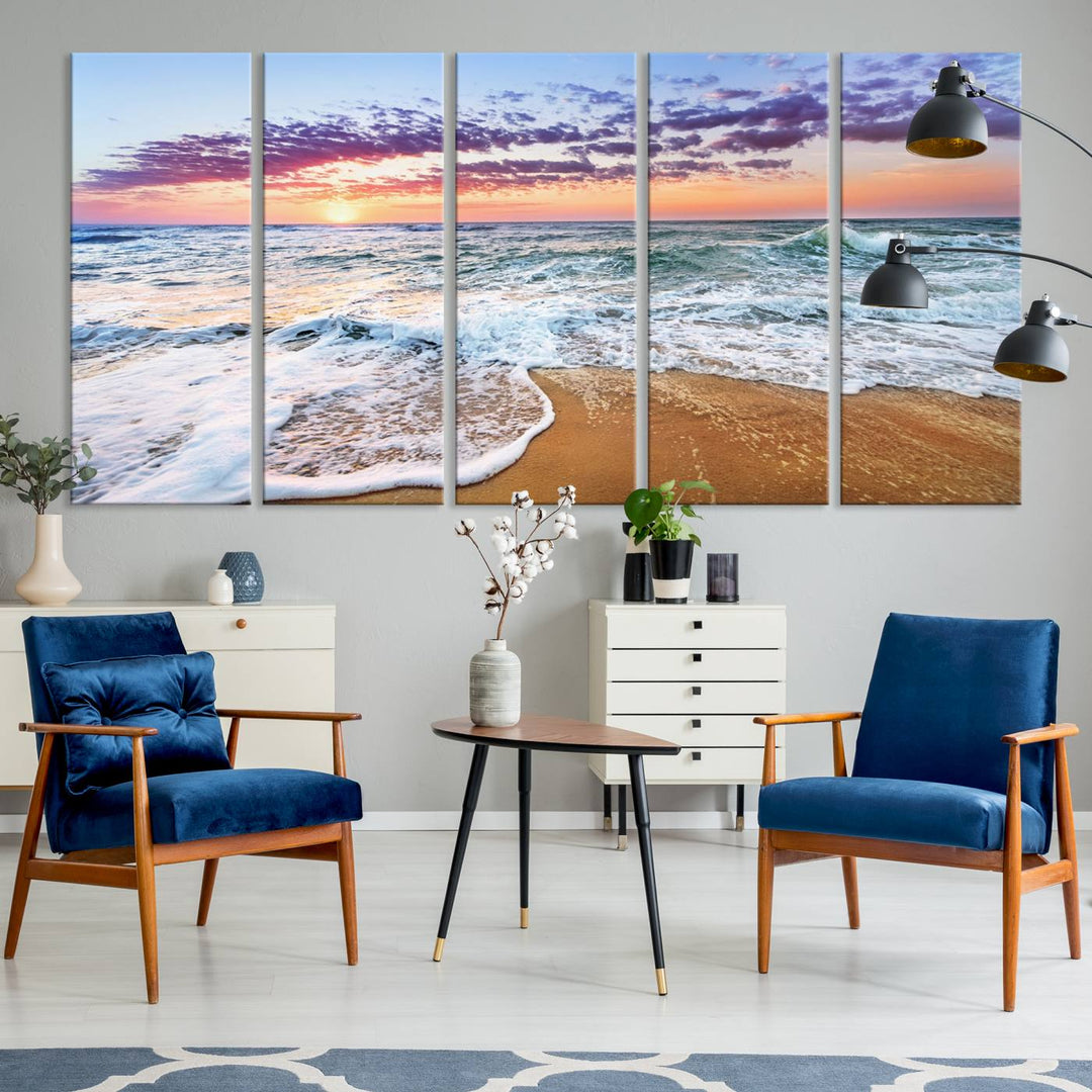 The Tropical Beach Waves Art Print, depicting an ocean sunset and sandy shore, enriches the coastal decor of the dining area.