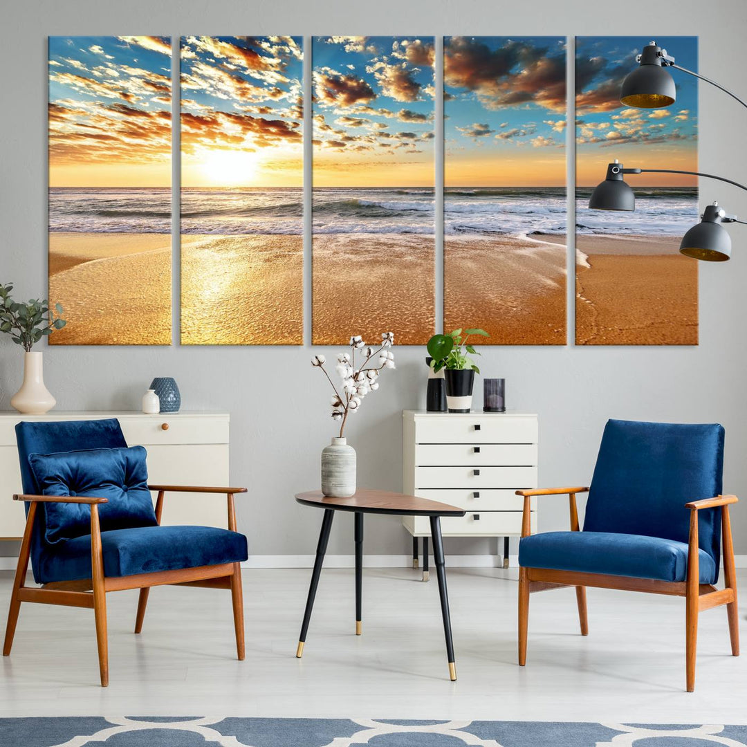 A gallery-wrapped canvas titled Soothing Sunset on Calm Beach is featured.