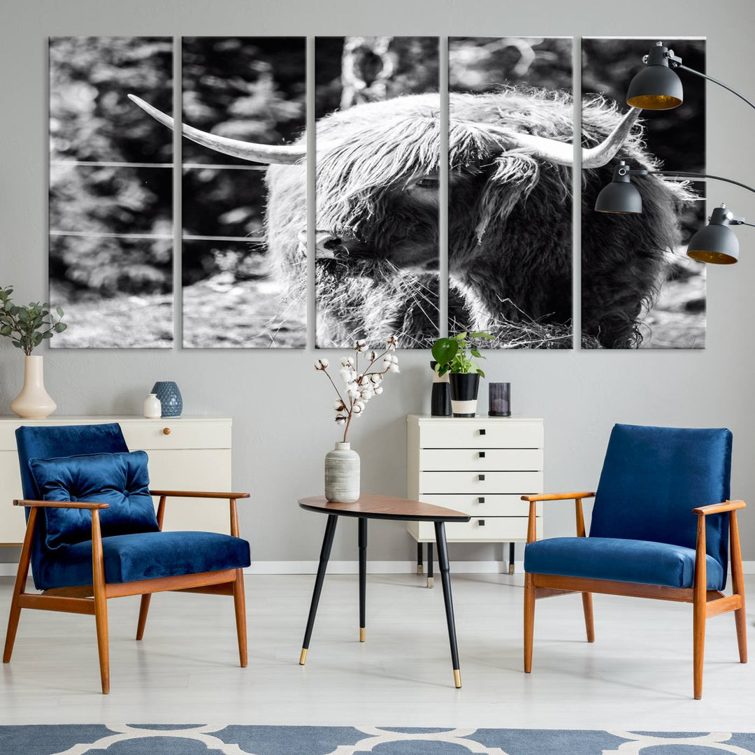 The black and white Highland Cow Canvas Wall Art adds farmhouse elegance to the space.