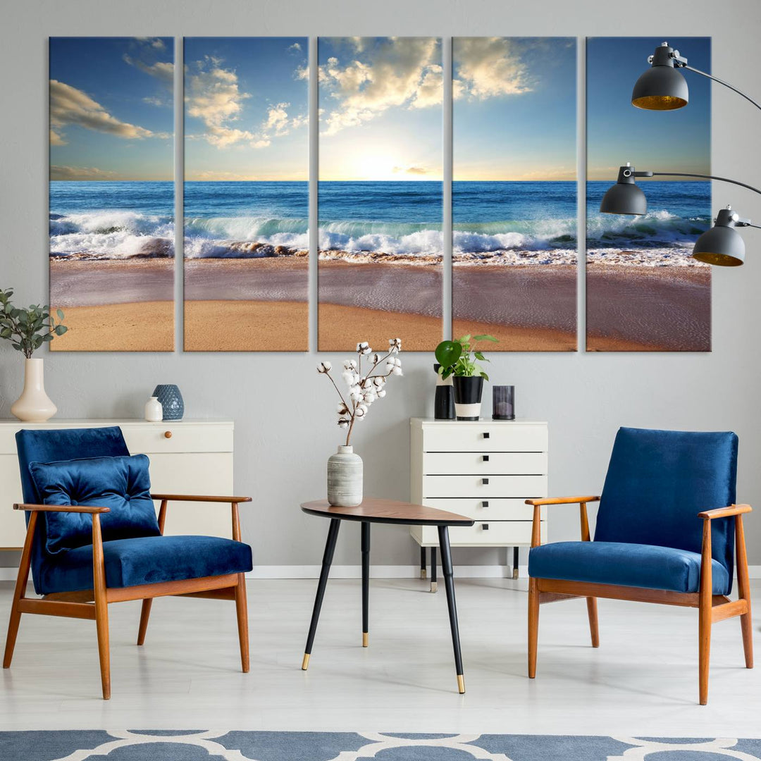 The dining room features a Coastal Tropical Beach Sunset canvas wall art.