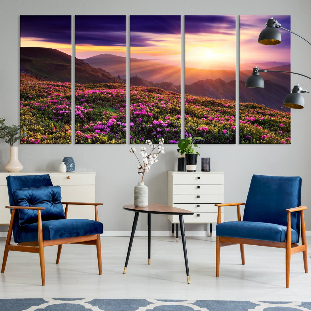 Gallery-wrapped wall art of a stunning mountain sunset and purple flowers.