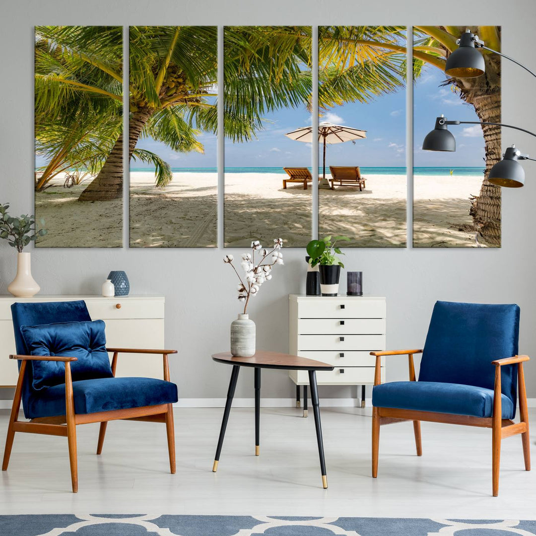 The canvas art print titled Lounge Chairs Palm Trees on Tropical Beach offers free shipping.