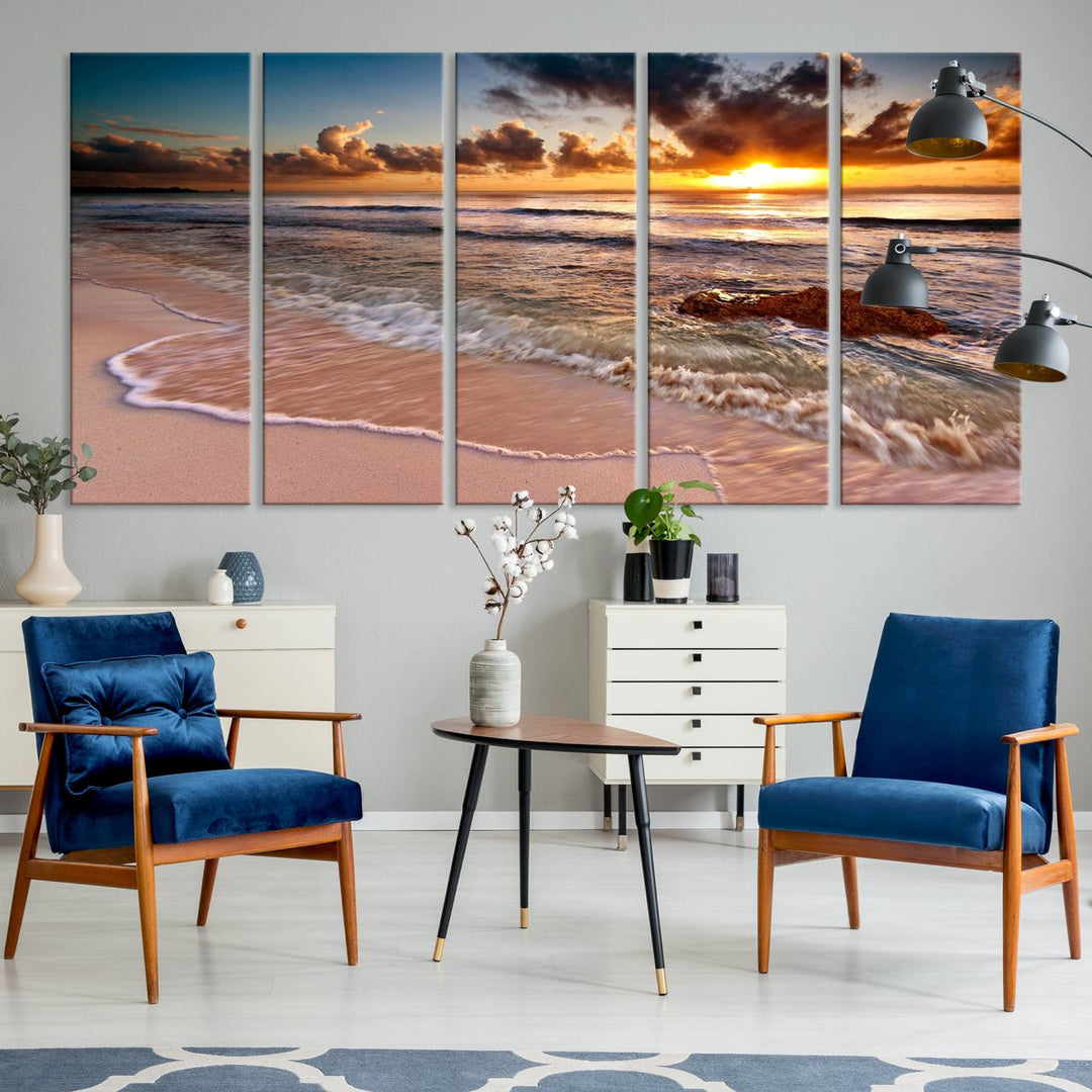 The Sunset on Ocean Wall Art Canvas Print beautifully captures a beach sunset, gentle waves, and a peaceful atmosphere.