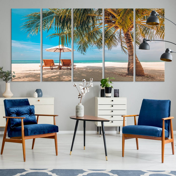 The 3-panel Tropical Beach Wall Art features palm trees and sun loungers, perfect for coastal decor.