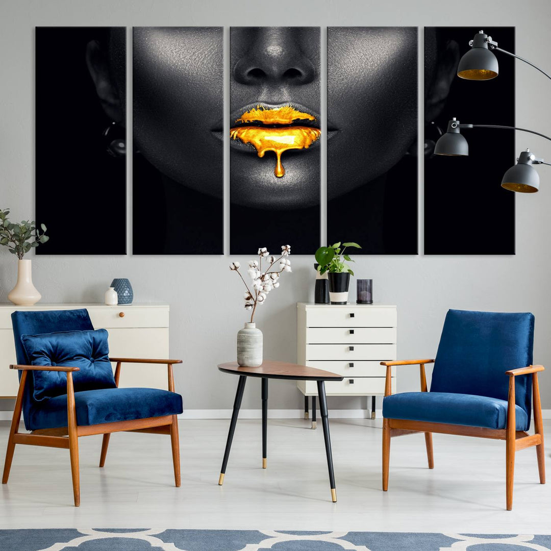 The Honey Gold Lips and Black Woman Photograph canvas print adds a striking touch to the room.