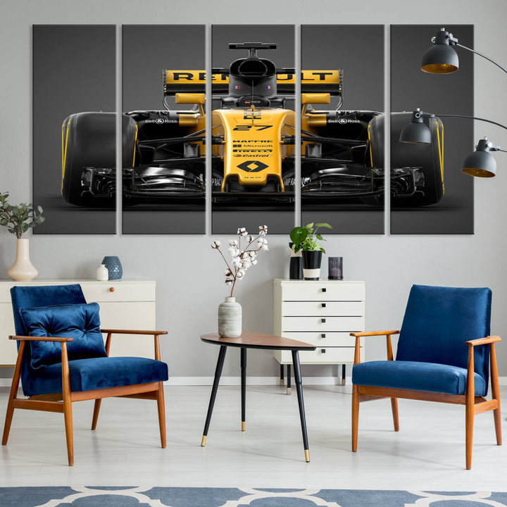 A yellow and black F1 Renault car canvas print with free shipping.