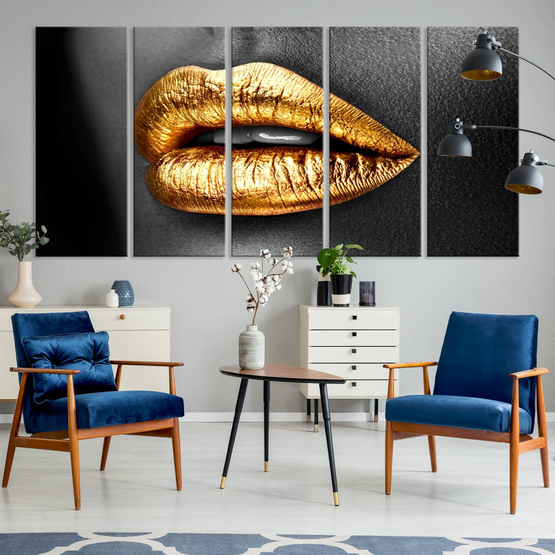 The Gold Lips Canvas Wall Art on a black background is showcased.