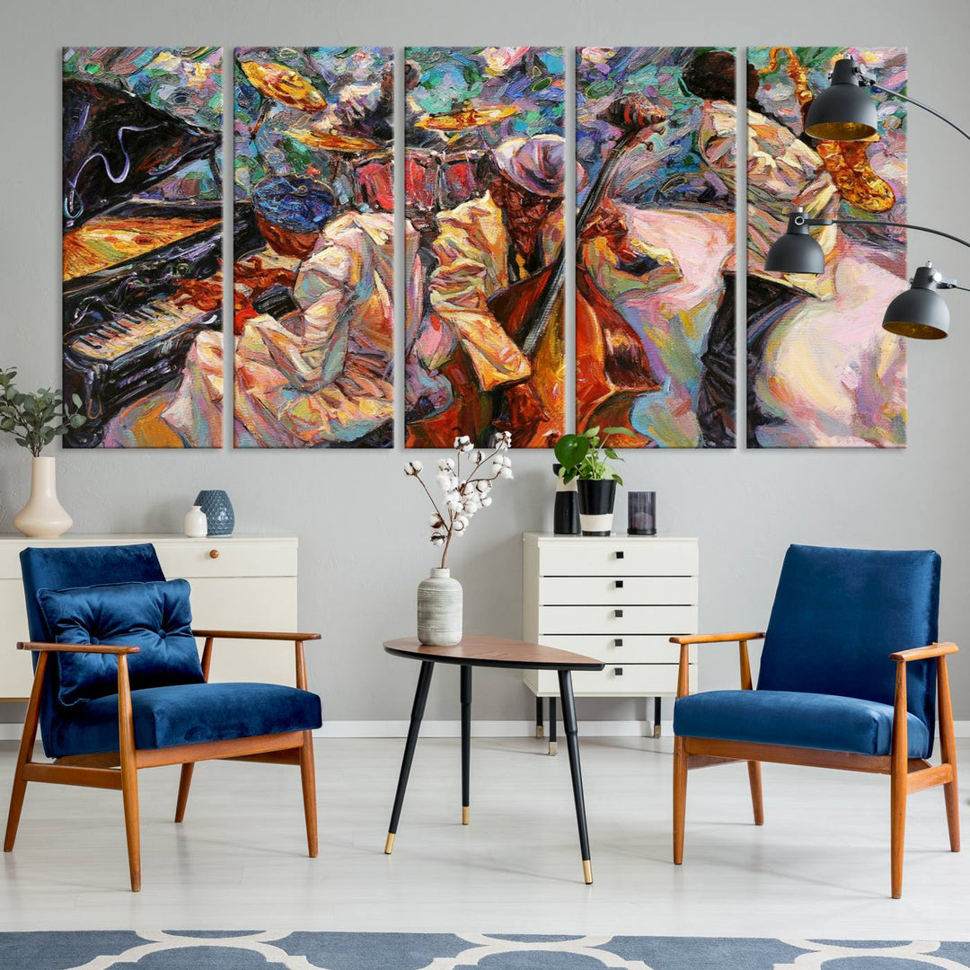 The wall features an African American Jazz Art Music Abstract Painting on Canvas.