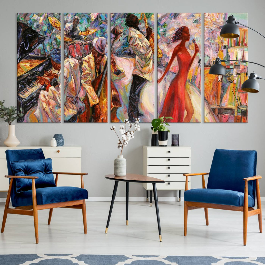 A vibrant 3-panel Afro Jazz band art is displayed prominently.