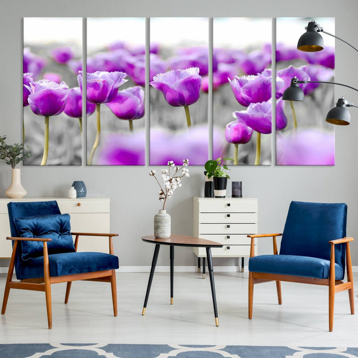 A gallery-wrapped Tulip Fields canvas wall art in a vivid purple hue.