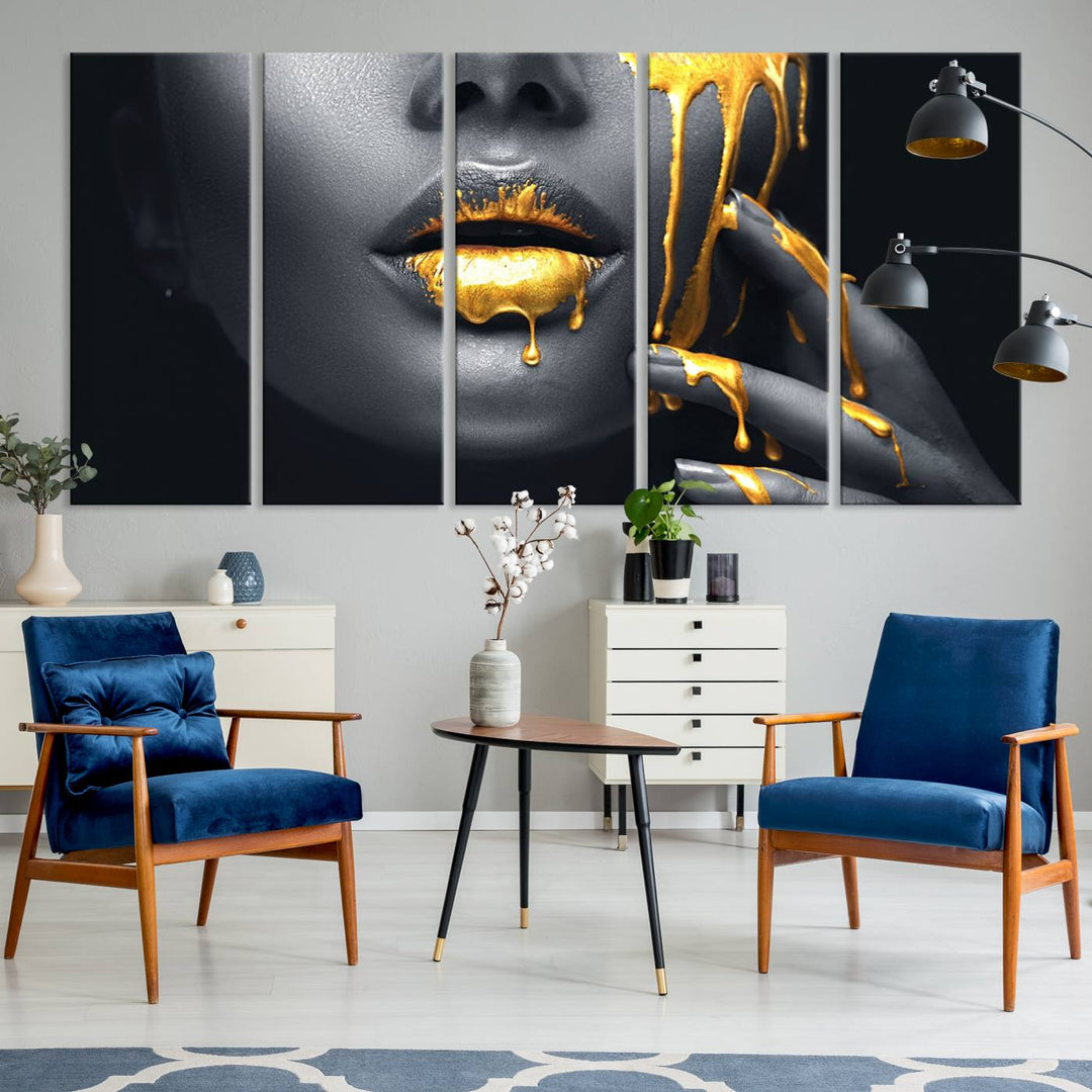 Above the dining area is the Gold Glitter Lips Fashion Makeup canvas wall art.