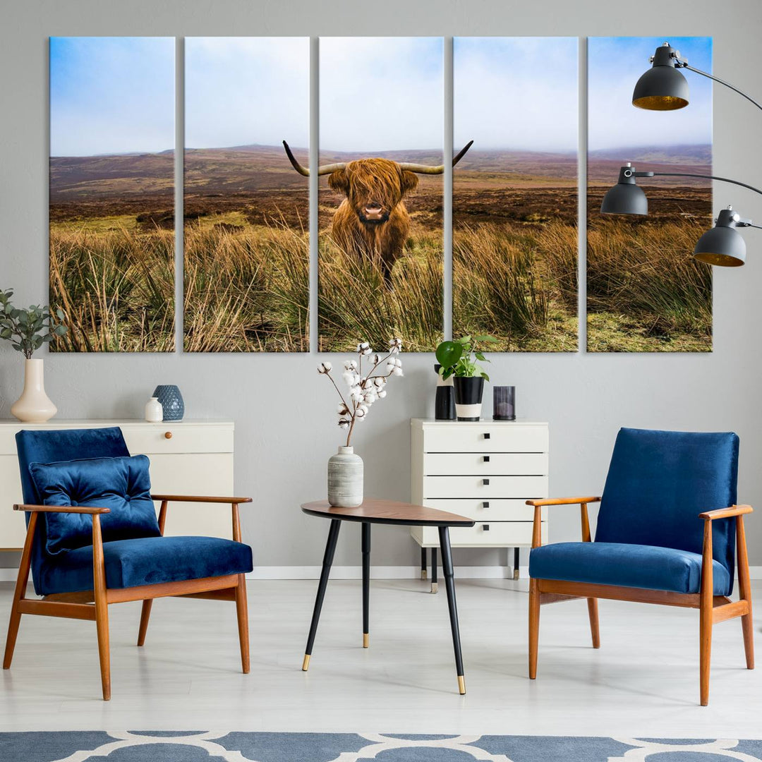 A Scottish Highland Cow art print canvas with UV-protection adorns the wall, preserving vivid details.