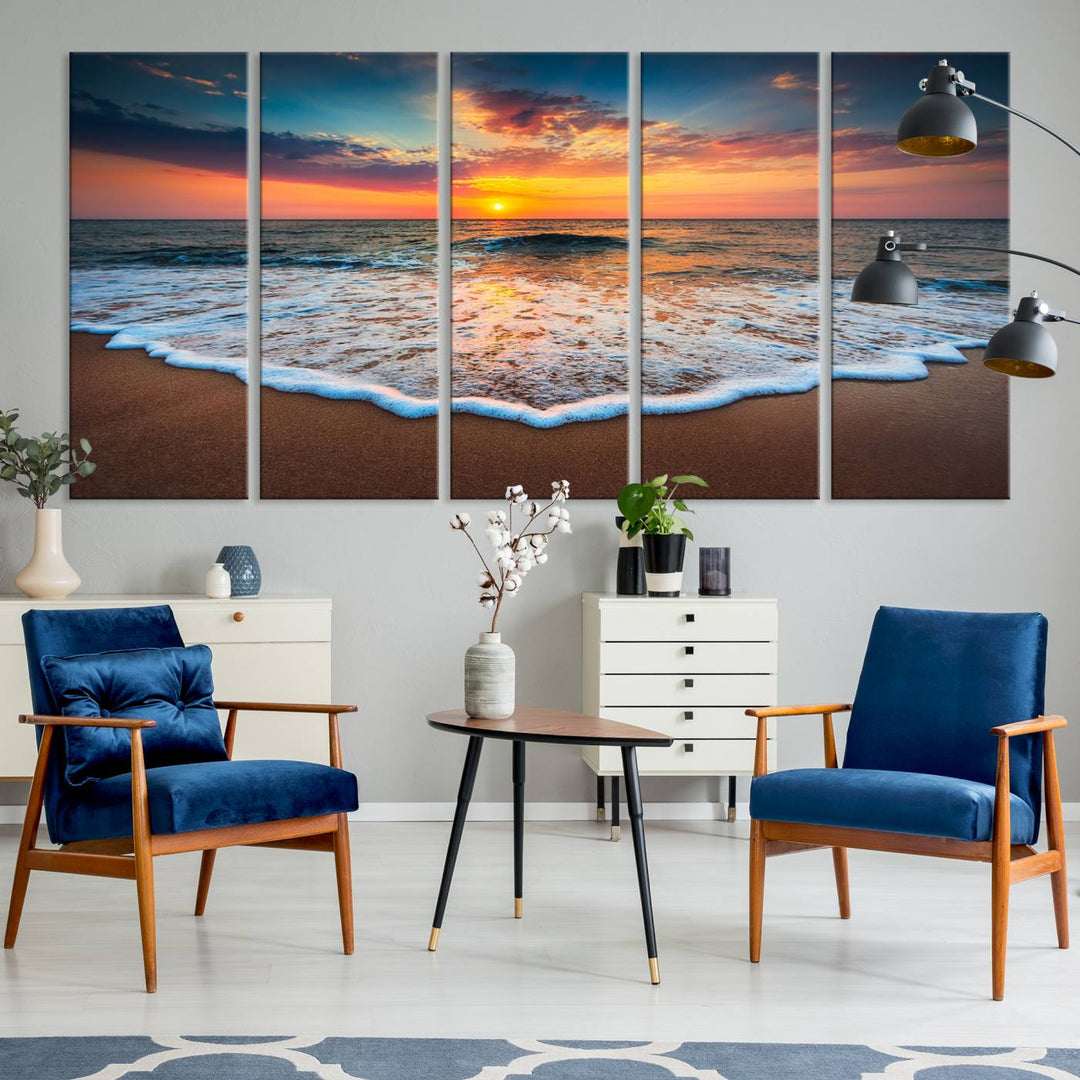 A Sunset with Calm Waves on the Beach Wall Art Canvas Print adorns the dining room.