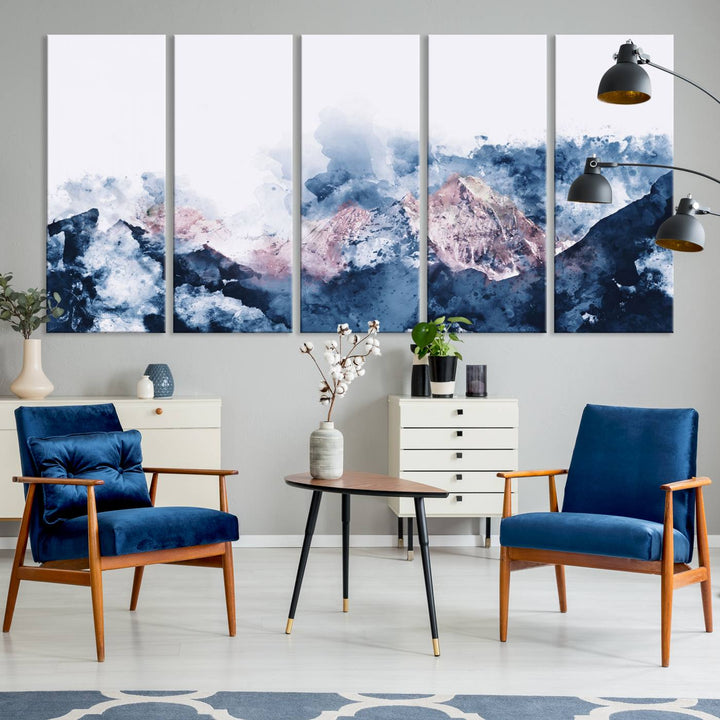 A modern kitchen showcases an Abstract Watercolor Mountain Landscape Art Canvas Print.