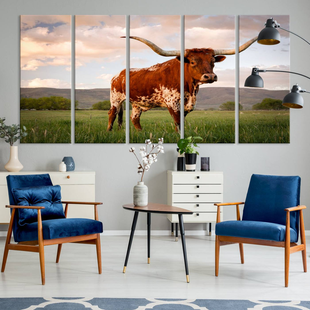 The Texas Cow Canvas Wall Art print captures a longhorn cow at sunset and is ready to hang.