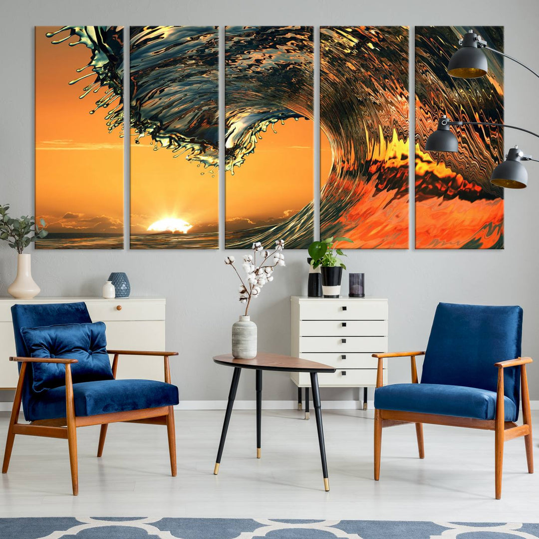 The Ocean Wave With Perfect Sunset canvas wall art adds a striking focal point to the room.