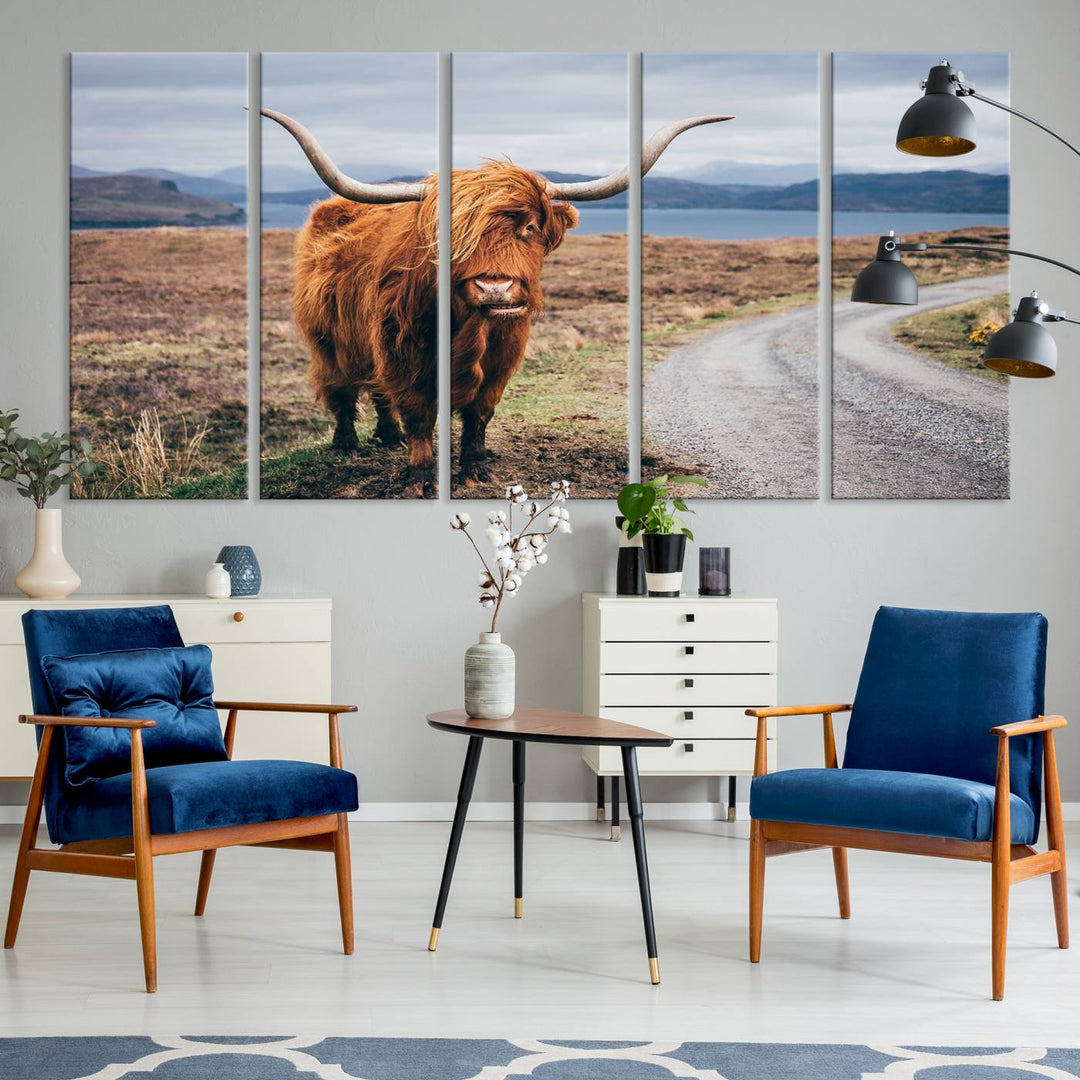 The Longhorn Highland Cow Canvas Wall Art is prominently displayed.