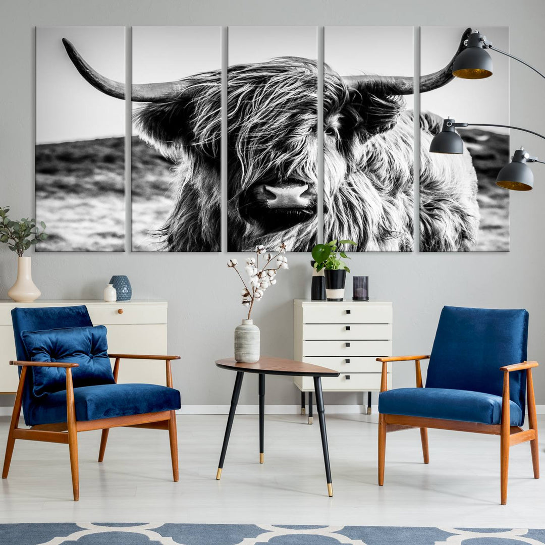 A Black and White Scottish Cow Canvas Print adorns the kitchen wall, perfect for farmhouse decor.