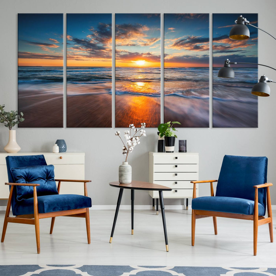 A museum-quality Beautiful Sunset over the Horizon canvas adorns the living room wall.