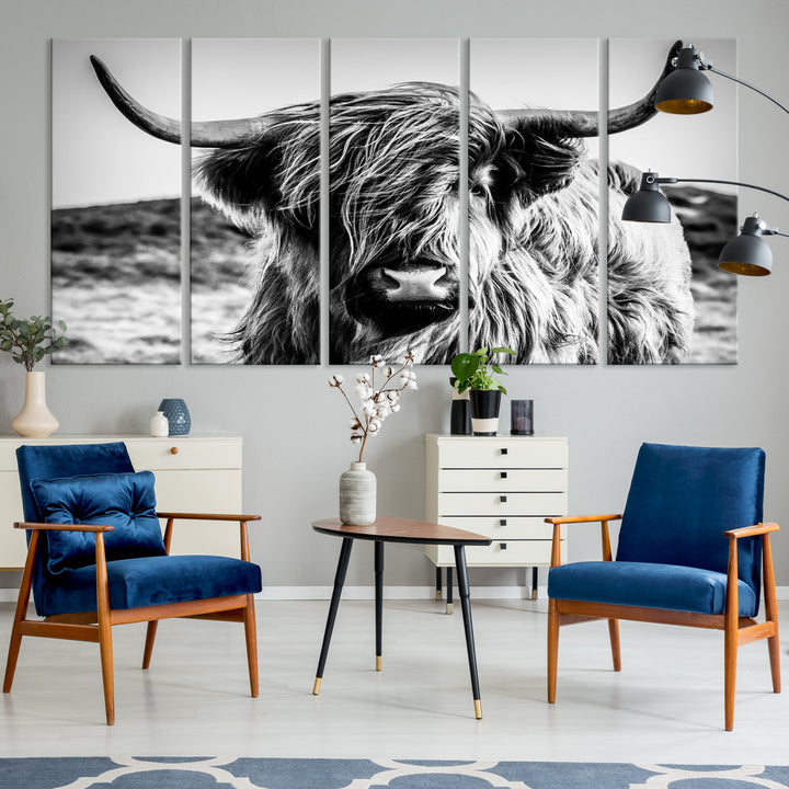 Highland Cow Wall Art | 3-Panel Black and White Highland Cow Canvas Print for Western Farmhouse Decor