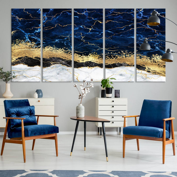 Navy Blue Marble Fluid Effect Canvas Wall Art, featuring a gold and white abstract design, adds a finishing touch to your modern kitchen decor.