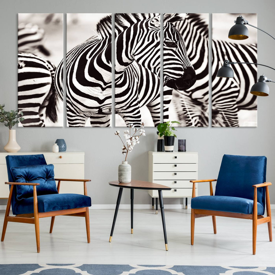 The Brilliant Zebra Photography Art Canvas Print hangs prominently on the wall.