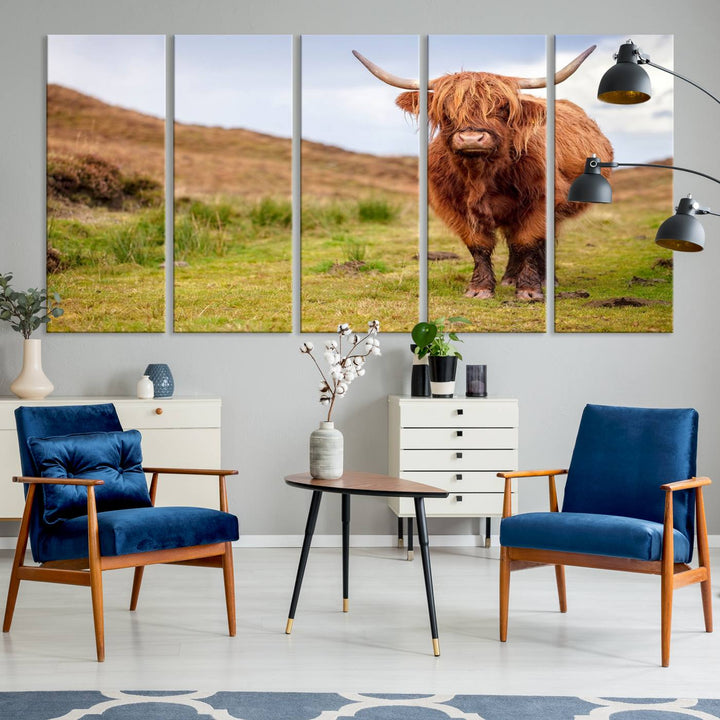 A Highland Cow Animal Canvas Wall Art hangs on the wall, adding warmth to the room.