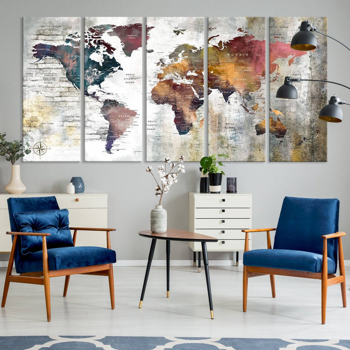 World Map Wall Art Triptych | 3-Panel Canvas Print Featuring Antique Style Map for Living Room, Office, Study, or Home Decor | Vintage Map Wall Art