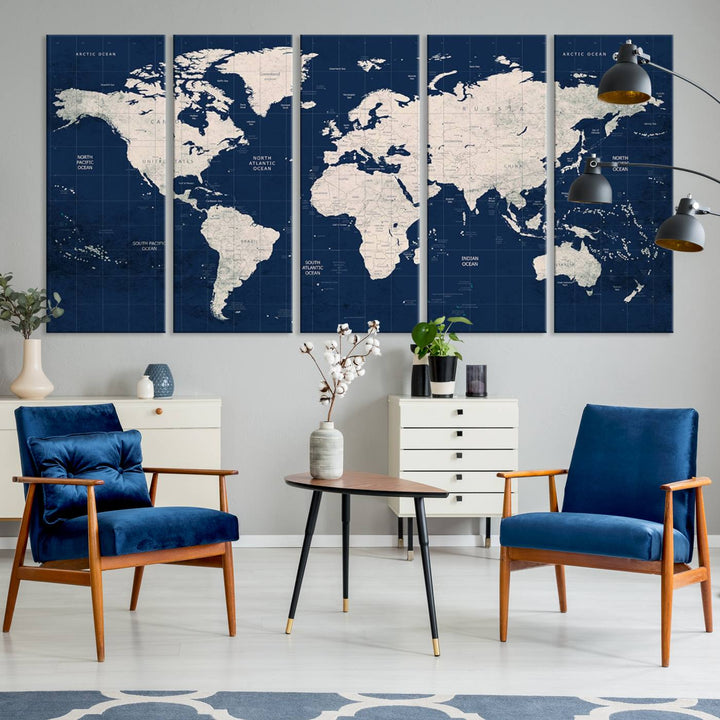 Large modern world map wall art canvas print in beige and navy; showcases a 3-panel vintage map design and is ready to hang.