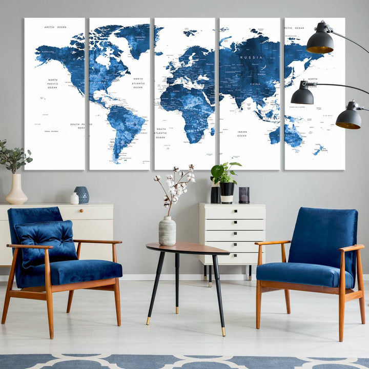 Navy Blue Wall Art World Map Canvas Print, an ideal piece for anyone seeking unique home or office decor.