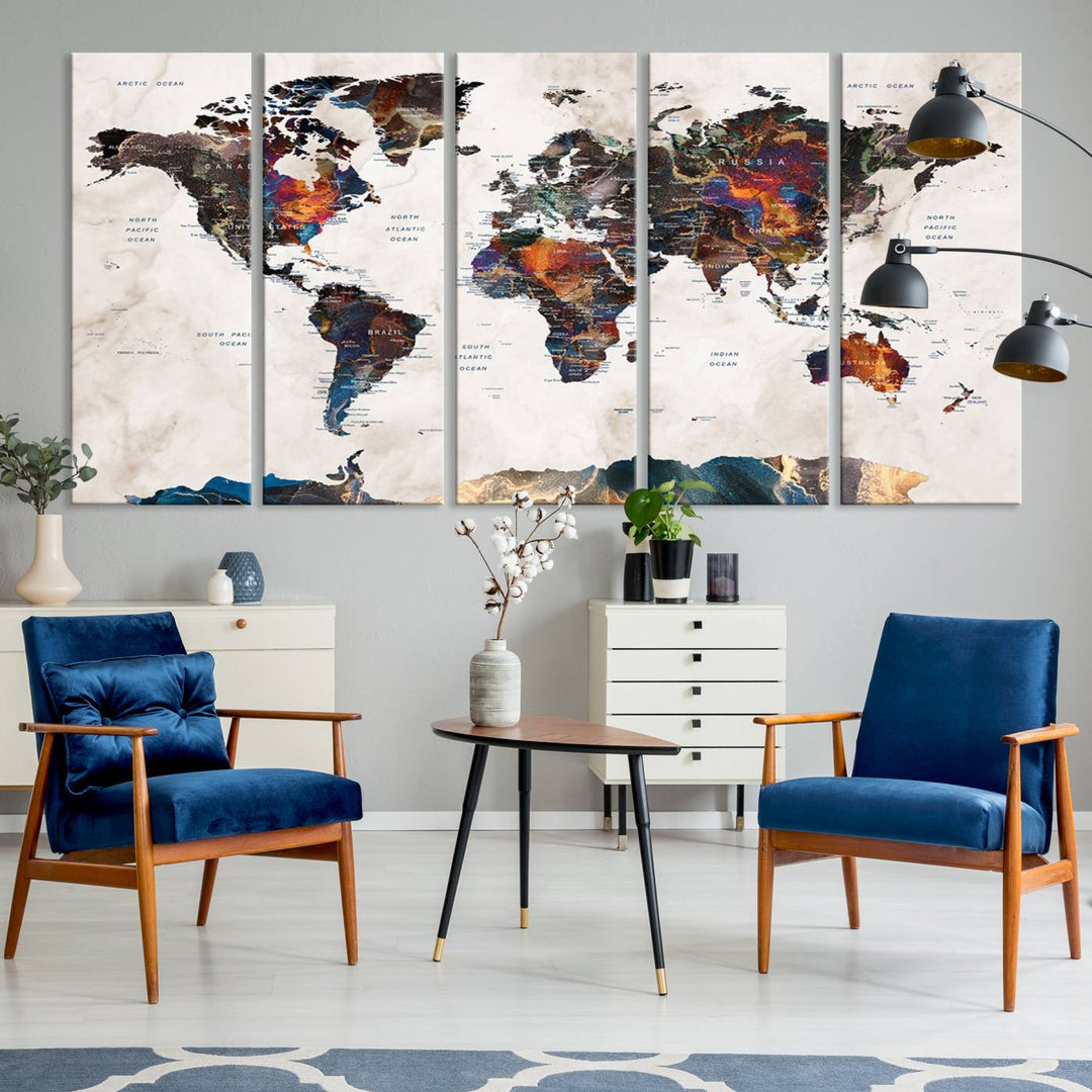 Watercolor World Map Canvas Print in earthy hues with a grunge background, ideal for wall decor.