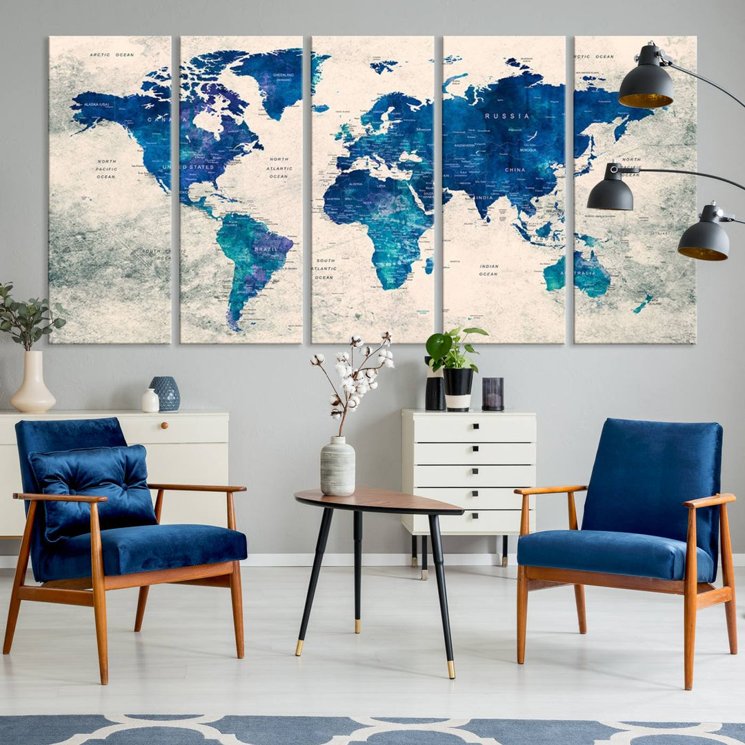 Navy Blue Push Pin World Map Canvas Print featuring a grunge-stained background, with labeled countries and oceans.