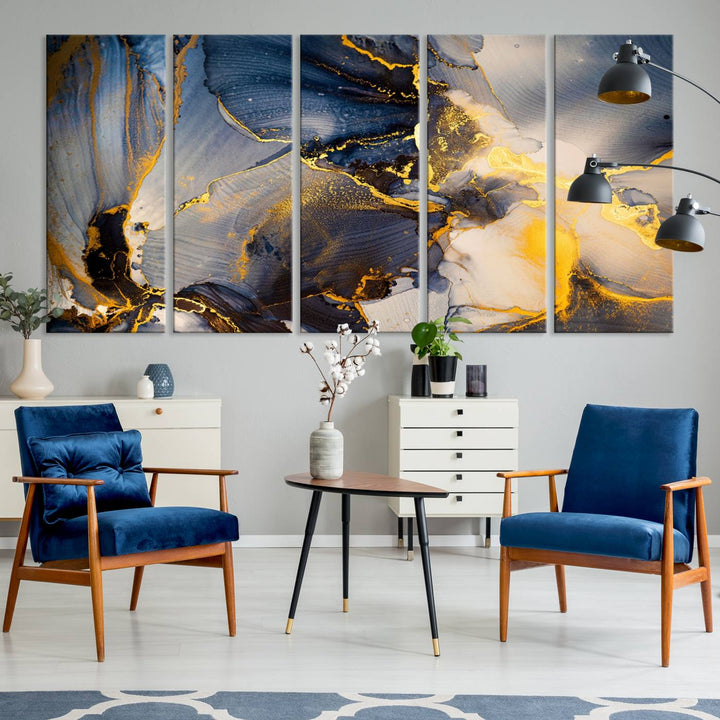 Large Abstract Wall Art Print - Gold and Blue Abstract Canvas Wall Art | Fluid Ink Modern Luxury Wall Decor for Living Room Decor