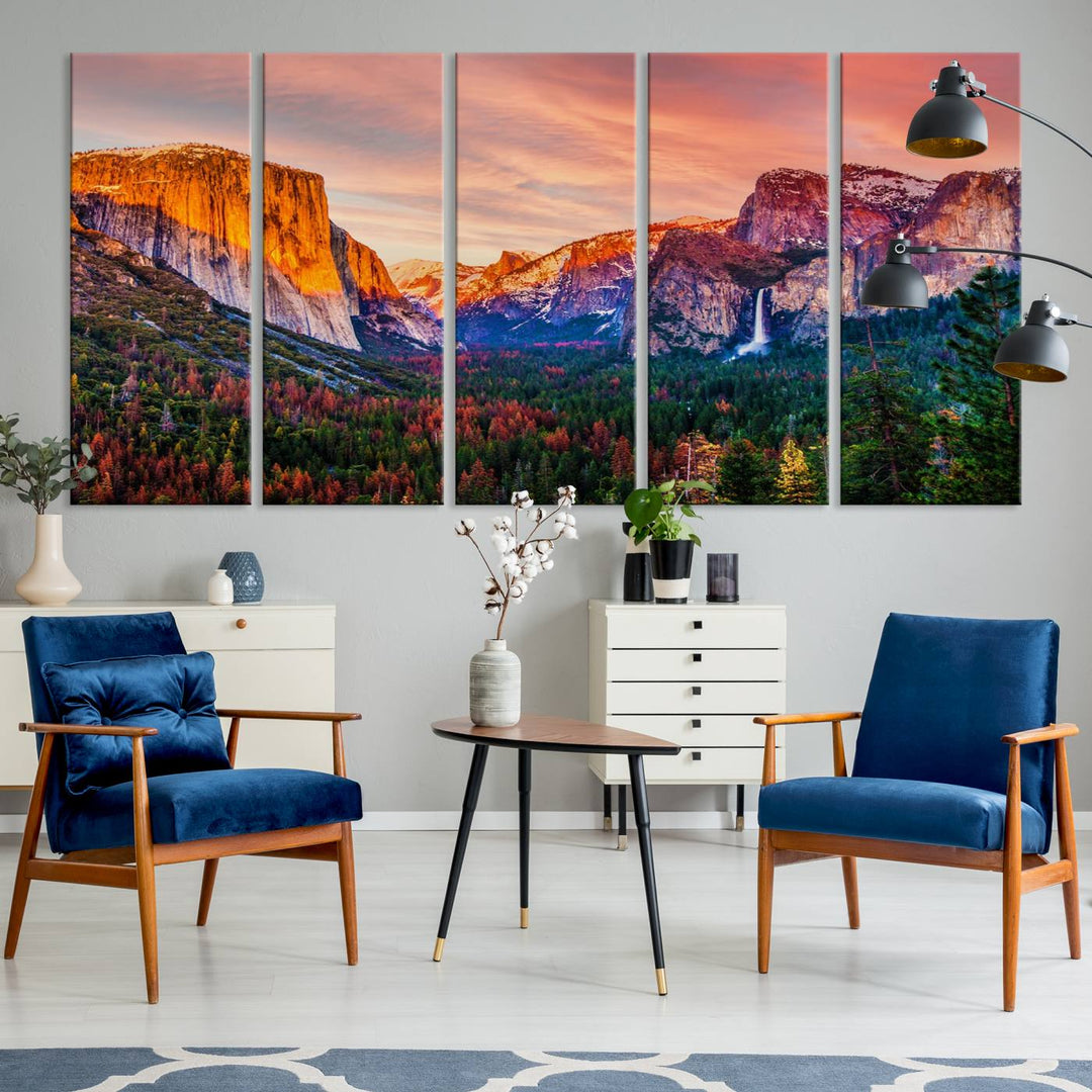 An El Capitan Yosemite Canvas showcasing a sunset over a mountain valley.