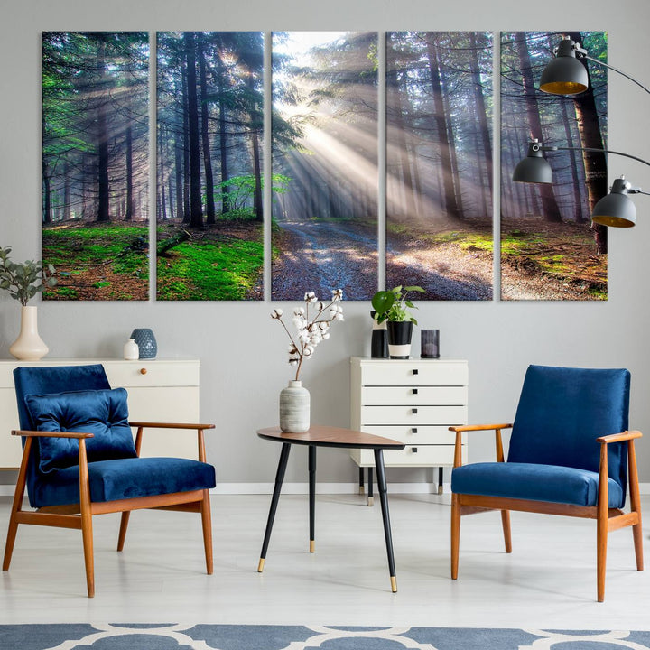 The dining area features a 3-panel Forest Path Canvas showcasing sun rays filtering through a misty forest.