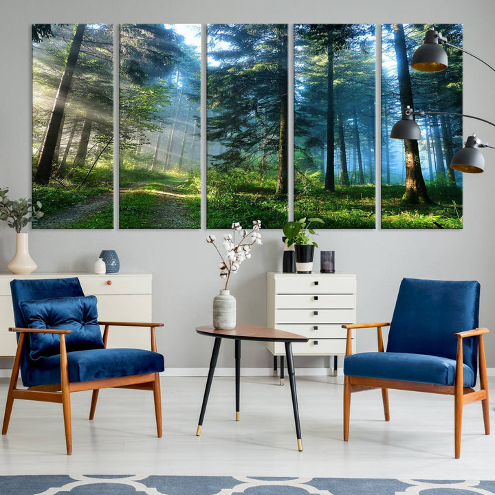 Enhancing the space is the Forest Sun Shine wall art canvas print, showcasing a serene forest scene.