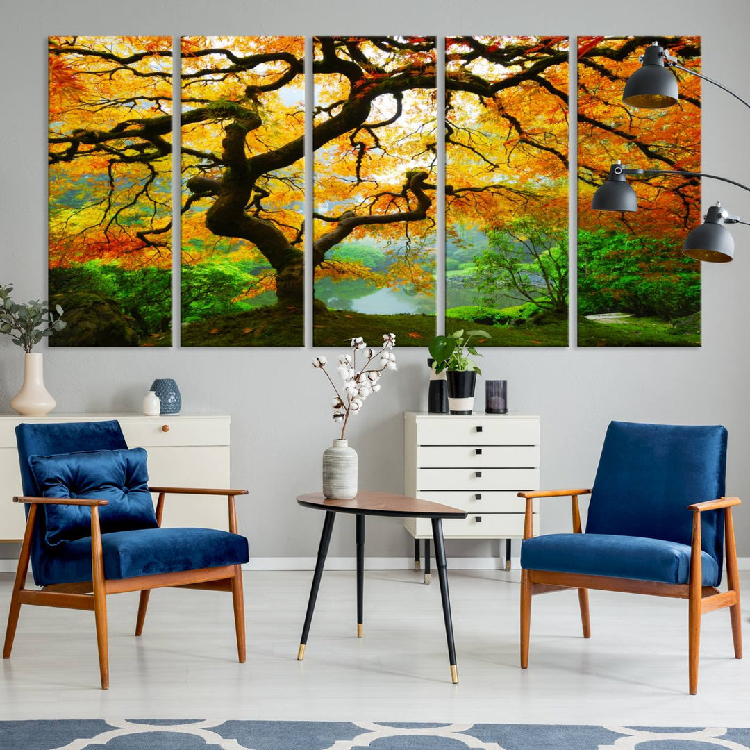 The Portland Japanese Maple Tree Canvas adds elegance to a modern living room.