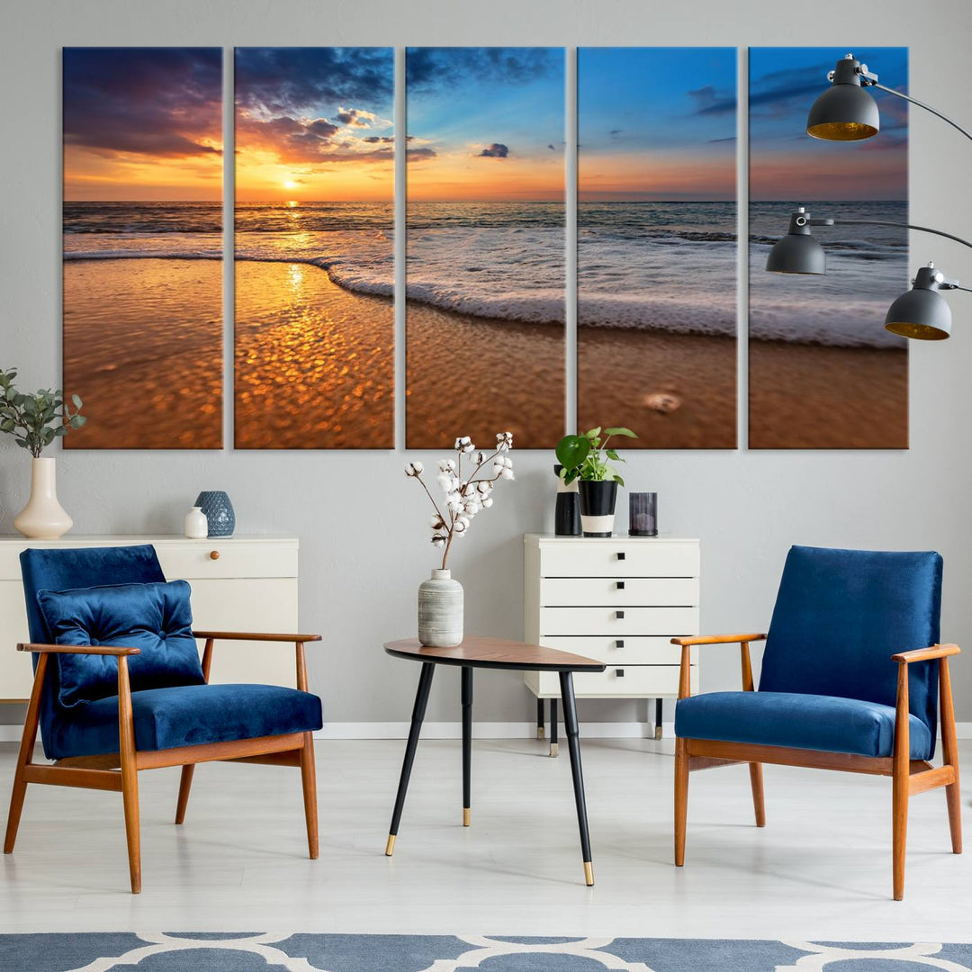 The Golden Sunset Beach Waves Triptych adds a modern coastal touch with its stunning seascape.