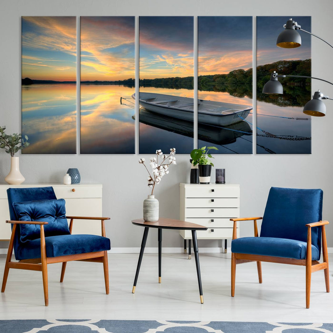 Serene Rowboat on Calm Lake Triptych Canvas Art, Giclee Wall Art of Peaceful Sunset Reflections, Tranquil Landscape Wall Art for Home or Office