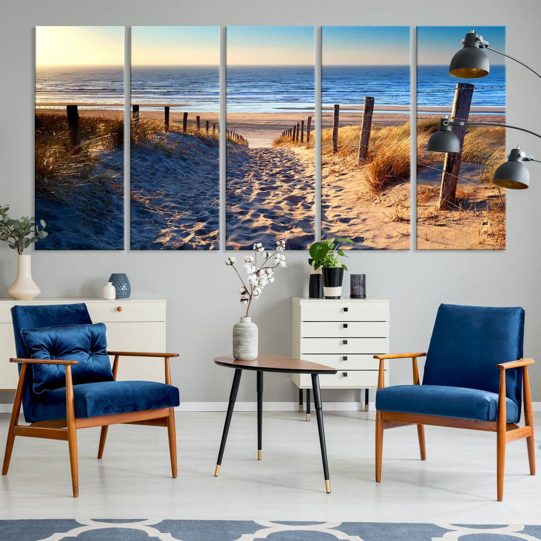 Tropical Beach Sunset Canvas Art, Ocean Waves and Sandy Shoreline Wall Art, Large Beach Decor for Coastal Homes