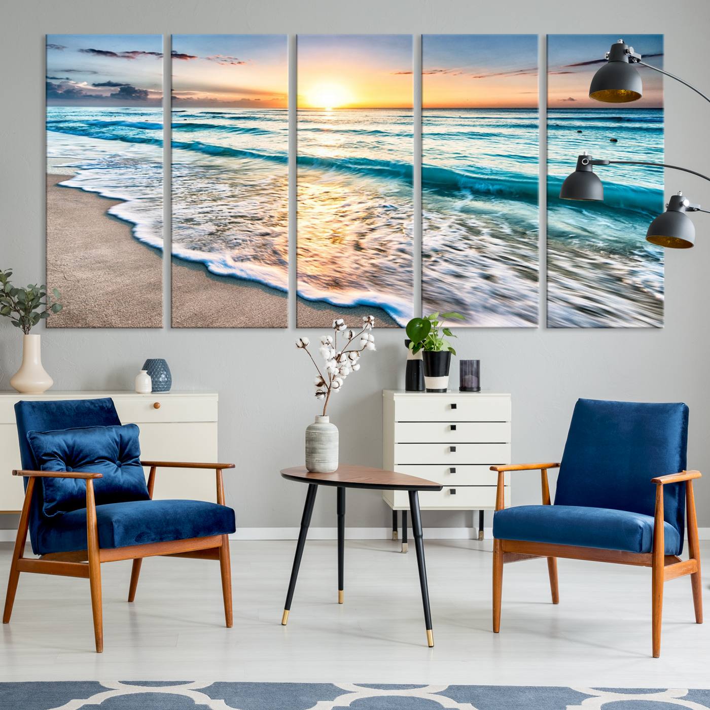 27815-MGV-CV-36X24-Sunset Beach Waves Canvas Wall Art – 5-Panel Ocean Sunset Print – Coastal Decor for Living Room or Bedroom – Ready to Hang