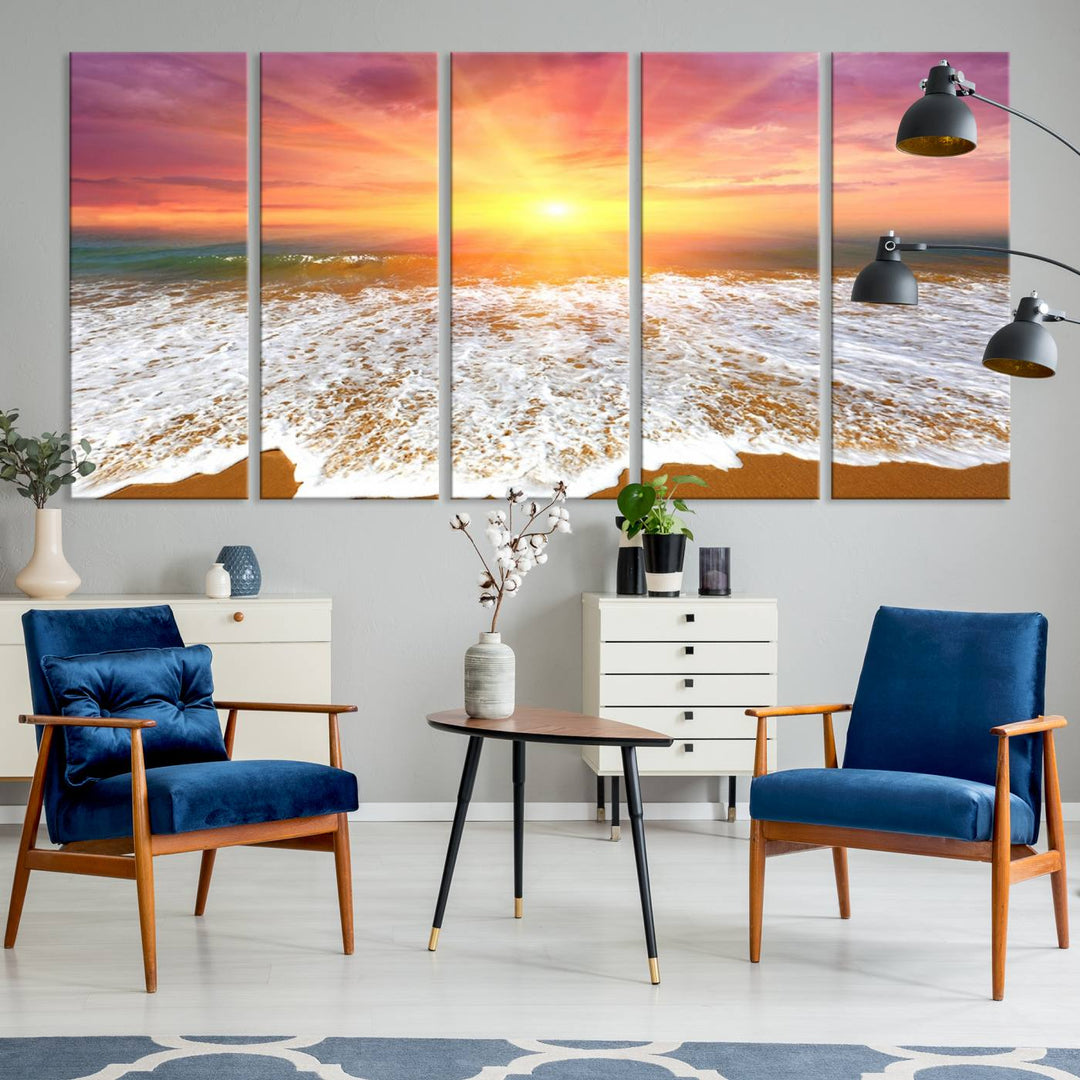 Golden Beach Sunrise 3-panel canvas art of ocean waves, hung on a wooden wall.