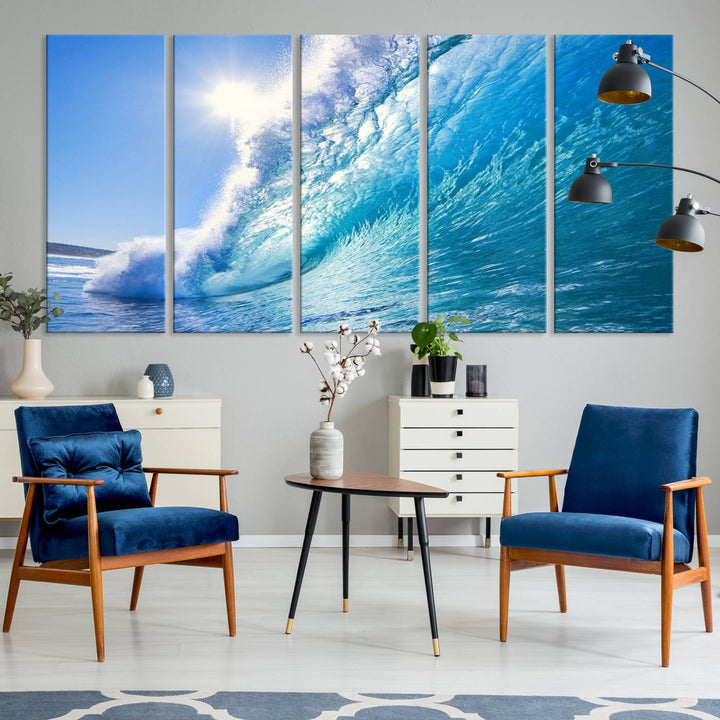 Blue Big Wave Surfing Ocean Canvas Wall Art Artwork Print , Surf Wall Art, Sea Wall Art