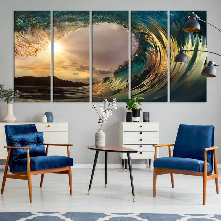 Golden Wave Sunset Giclee Canvas Print – Large Coastal Wall Art for Nature Lovers, Captivating Ocean Wave Decor