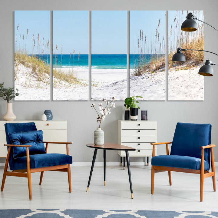 Serene Coastal Dune Path with Ocean View, 3-Panel Beach Canvas Art; tranquil seascape for coastal decor.