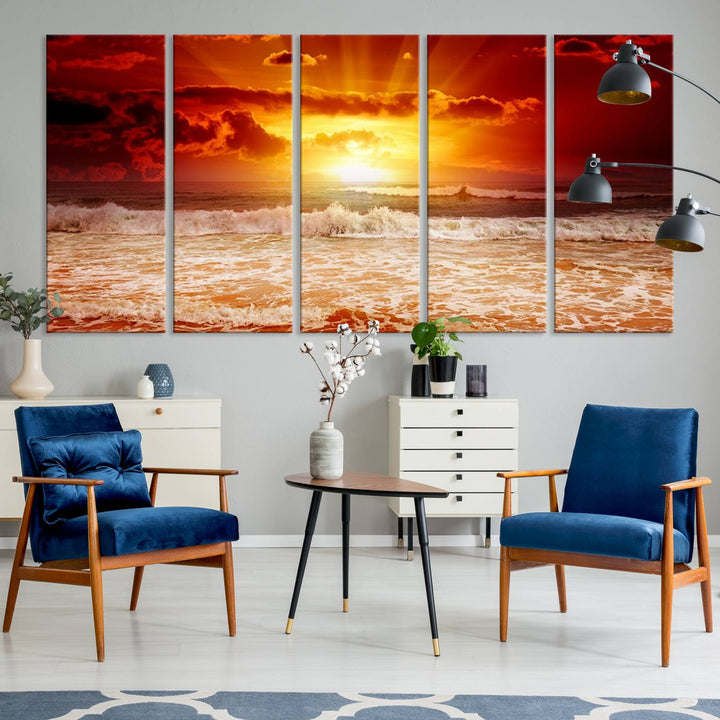 The Red Sunset Ocean Beach Canvas depicts ocean waves.