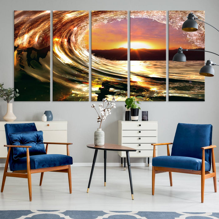 The Golden Wave Sunset Triptych Canvas Art showcases an ocean wave at sunset, casting warm light.