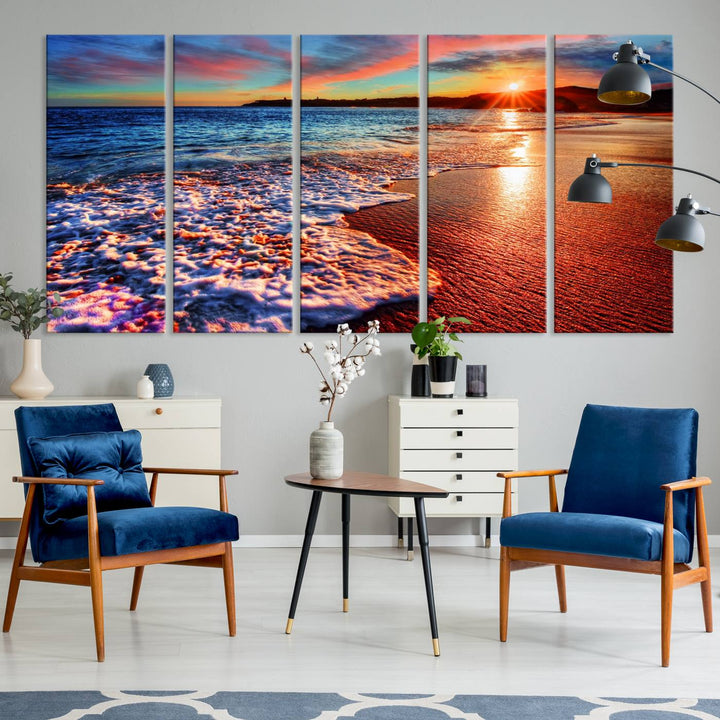 The Colorful Coastal Sunset on the Beach canvas print portrays ocean waves at dusk.